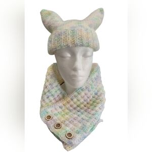 Cat Ear Beanie & Neck Warmer Knit Set Winter Warm Ski Hand Made Waffle Stitch